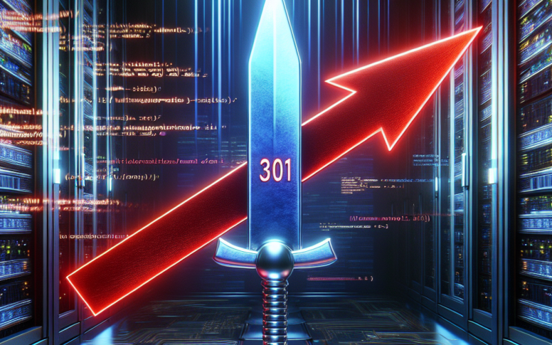 Futuristischer Serverraum mit leuchtend rotem Pfeil und metallischem Schwert, markiert mit ‚301‘, umgeben von abstrakten Code- und Datenströmen als Visualisierung eines permanenten URL-Redirects.