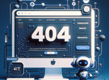 Illustration eines Computerbildschirms mit kreativer 404-Fehlerseite, modernen Elementen, Navigationspfeilen und einem lustigen Roboter vor technischer Kulisse.