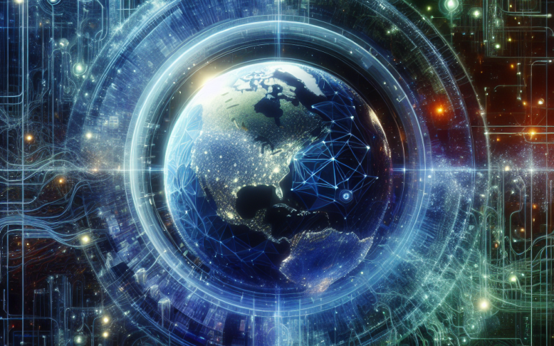 Futuristisches digitales Suchmaschinen-Interface mit holografischem Daten-Globus, leuchtenden Netzwerken und modernen SEO-Elementen in Blau und Neon-Grün.