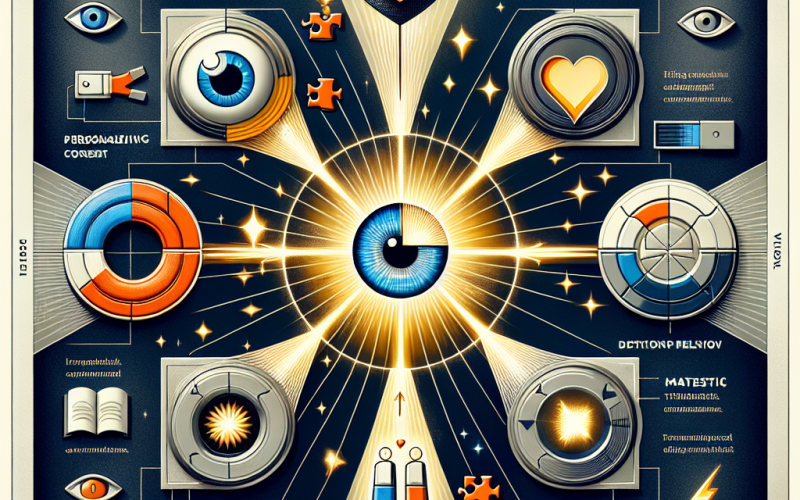 Minimalistische digitales Illustration des AIDA-Marketing-Modells mit Auge für Aufmerksamkeit, Magnet für Interesse, leuchtendem Herz für Verlangen und digitalem Button für Aktion