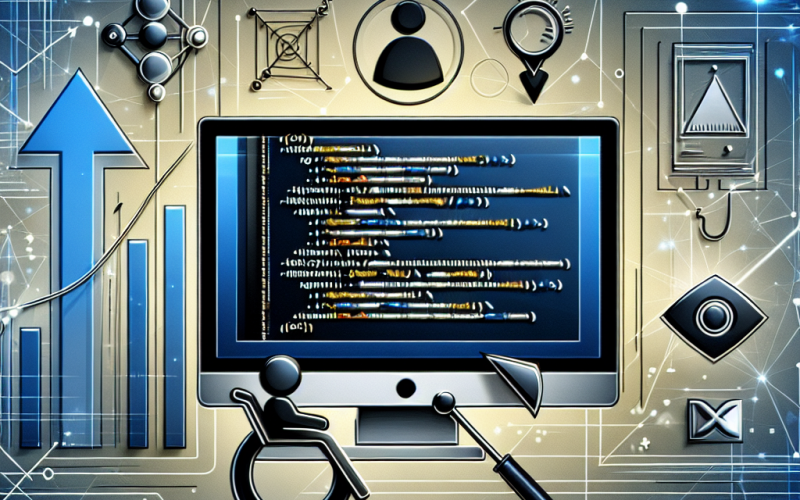 Digitale Illustration eines Bildschirms mit HTML-Code und hervorgehobenem ALT-Attribut, umgeben von Symbolen für Barrierefreiheit und SEO-Analyse in einem futuristischen, technologieinspirierten Stil.