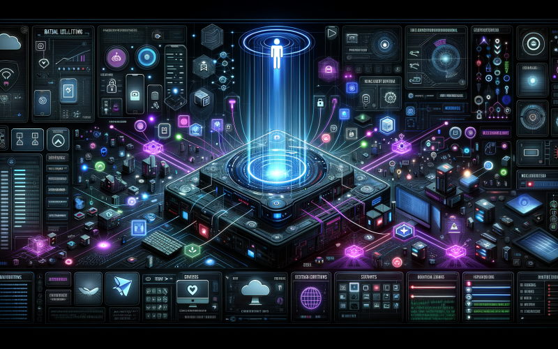 Stilisierte, dunkle Kommandozentrale mit schwebendem Interface, digitalen Datenströmen, Gerätevernetzung und Hologramm-Türsteher, im Hintergrund Plattform-Logos und technische Warnhinweise.