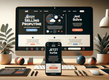 Modernes Desktop- und Smartphone-Webdesign mit klarer Navigation, starker Headline, auffälligem Hero-Bild, kurzem Text und auffälligem Call-to-Action-Button auf neutralem Hintergrund.
