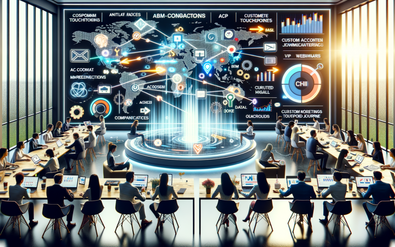 Modernes Hightech-Büro mit vielfältigem Team, das um ein digitales Dashboard mit Account-Based Marketing-Visualisierungen arbeitet. Im Zentrum sind Schlüsselkunden-Logos mit Verbindungen zu personalisiertem Content und Kanälen wie E-Mail und Social Media.