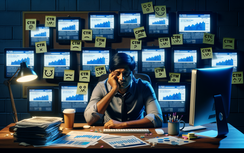 Müder Büroarbeiter vor mehreren Monitoren mit sich wiederholenden Werbeanzeigen, umgeben von Berichten mit fallenden Grafiken und Warnhinweisen zu schwachen Anzeigenzahlen.