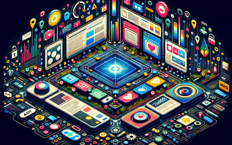 Illustration eines digitalen Werbe-Ökosystems mit großem Banner-Ad, Anzeigen, Video-Thumbnails sowie Symbolen für Ad Server, Tracking, Bots, Betrug, Sichtbarkeit und Datenschutz vor dunklem digitalen Hintergrund.