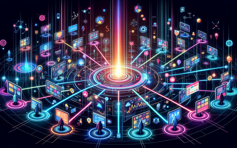 Futuristische Illustration eines digitalen Werbenetzwerks mit leuchtendem Knotenpunkt, Geschäftsleuten mit Tablets, Websites, Apps, Datenströmen und Targeting-Symbolen auf dunklem Hintergrund