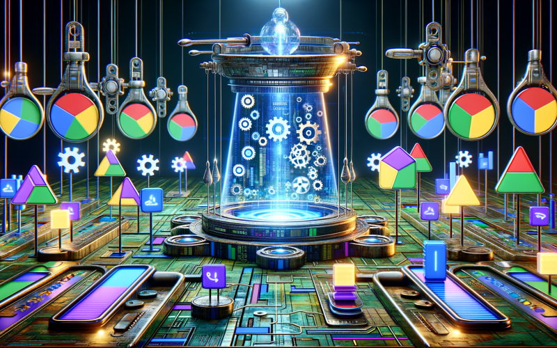 Abstraktes Bild eines futuristischen Kontrollraums mit schwebender Steuerzentrale, holografischen Datenströmen und digitalen Waagen, die Ad Rank und Google Ads-Faktoren visualisieren.