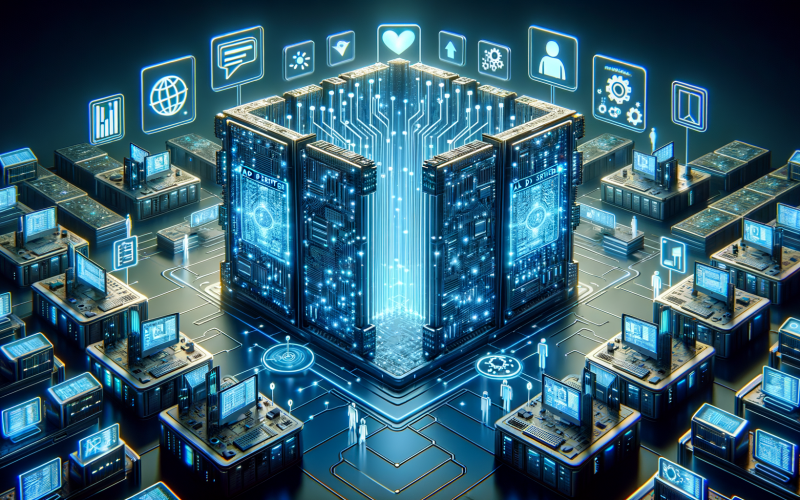 Futuristische Datenzentrums-Illustration mit leuchtendem Ad Server, Banner- und Videoanzeigen, Analyse-Icons, Marketing-Symbolen und beobachtenden Figuren für Werbetreibende, Publisher und Analysten.