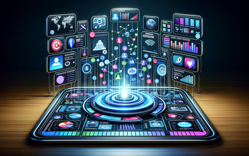 Modernes Kontrollzentrum mit Touchscreen-Tisch, Interface-Elementen, Kampagnenvisualisierung, Fokus auf Werbeanzeigen, Budgetbalken, Social-Media-Logos und digitalen Farbakzenten.