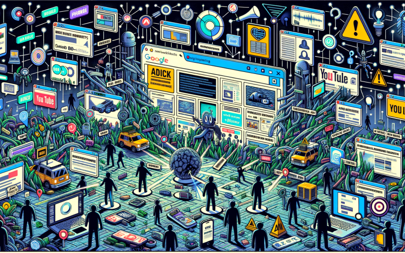 Digitales Werbebild mit zentralem Browserfenster, vielen Werbebannern, leuchtenden Tracking-Datenströmen, Nutzersilhouetten mit Ad-Block-Schildern, dunklen Ad-Fraud-Schatten und großem tickenden Impressions-Zähler in moderner Neon-Ästhetik.