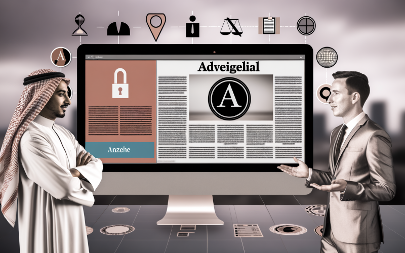 Bildschirm mit digitalem Magazin-Layout, im Fokus ein als 'Anzeige' markiertes Advertorial, daneben ein Marketer und ein Journalist bei der gemeinsamen Durchsicht, im Hintergrund Symbole für Gesetz und digitale Analysen.