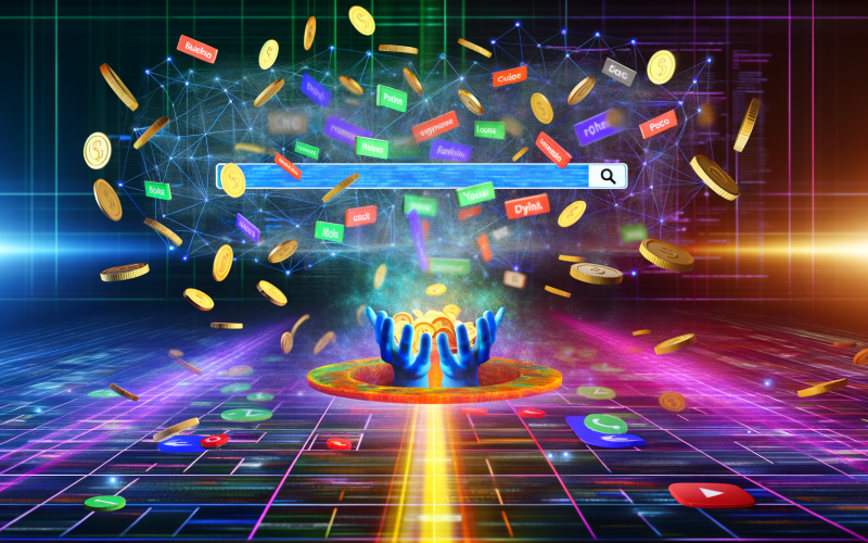 Futuristische Google-Suchmaske mit bunten Keywords und Anzeigen, virtuelle Hände werfen Münzen als Pay-per-Click-Symbol ein, verbundenes Netzwerk aus Websites, Geräten und YouTube-Buttons, goldener Umsatzstrom und Budget-Fallen