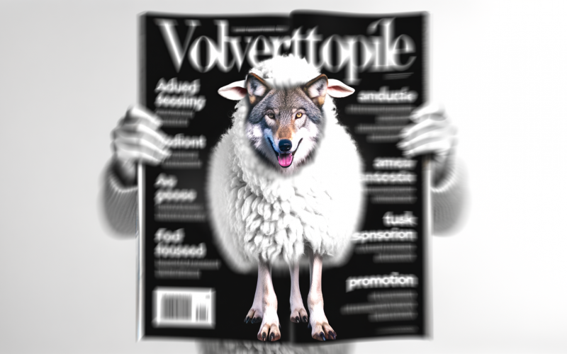 Ein Wolf im aufgerissenen weißen Schafskostüm vor unscharfen digitalen Magazin-Headlines und Werbebannern, als Metapher für Advertorials.