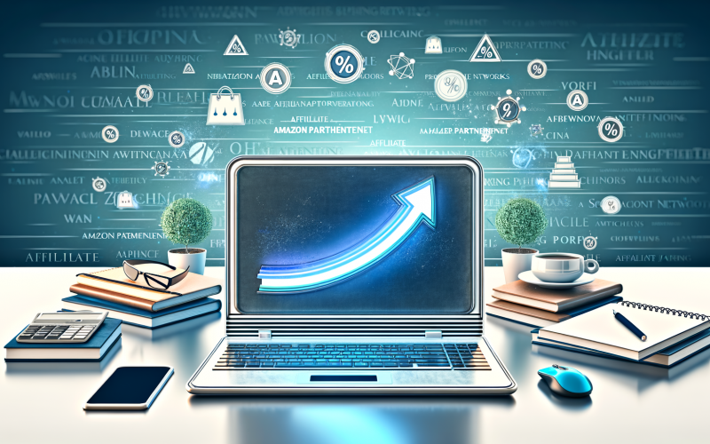 Modernes Titelbild im Magazin-Look mit stilisiertem Laptop, Performance-Kurve und Affiliate-Marketing-Icons, umgeben von Büro-Utensilien und schemenhaft erkennbaren Netzwerknamen im Hintergrund.