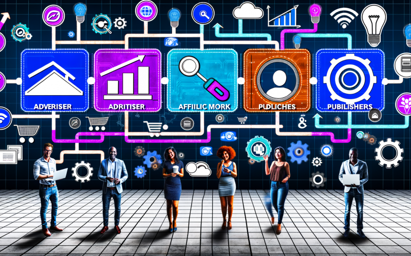 Visualisierung eines digitalen Marktplatzes mit Unternehmen, Affiliates, Netzwerk-Dashboard und Kunden, verbunden durch Tracking-Datenströme, Cookies und moderne Techniksymbole.
