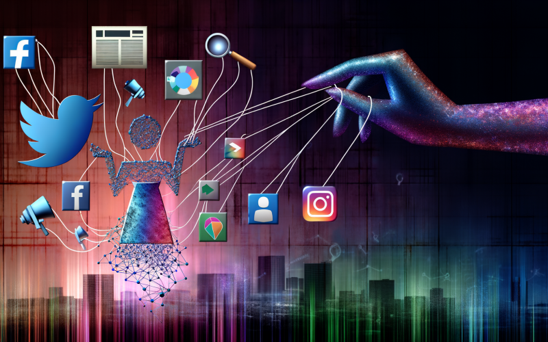 Illustrative Collage mit Hand, die Fäden durch ein digitales Netzwerk aus Social Media, News, Suchmaschinen und Influencern zieht, vor Großstadt-Silhouette mit digitalen Trendthemen.