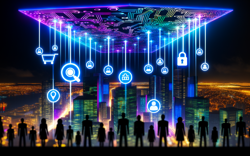 Futuristische Stadt bei Nacht, bunt beleuchtet mit Neonlinien, über den Gebäuden eine transparente, geometrische Wirbelsäule umgeben von Icons wie Lupe, Vorhängeschloss, Einkaufswagen, Chatblasen und Roboter; Menschen blicken neugierig nach oben.