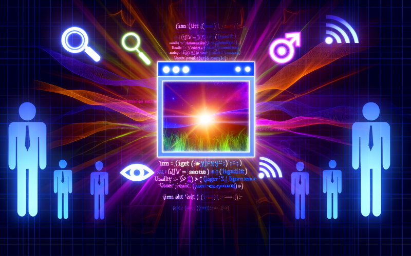 Illustration eines Browserfensters mit Bild, teils als lebendiges Foto, teils mit leuchtendem HTML-Code überlagert. Symbole für SEO, Screenreader und Barrierefreiheit sowie Figuren, die über leuchtende Linien mit dem Alt-Attribut verbunden sind.