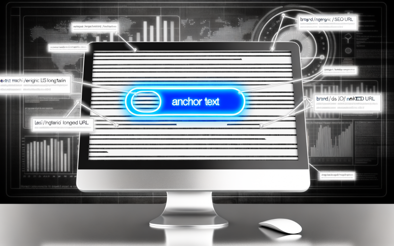 Moderner Arbeitsplatz mit Computer, der einen farbigen Anchor-Text und Linktypen wie Exact Match, Brand, LSI/Longtail, Generic und Naked URL anzeigt. Im Hintergrund Symbole von Suchmaschinen und Diagramme zur SEO-Analyse.