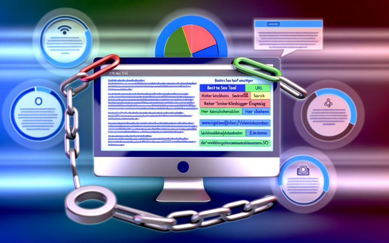 Digitale Abbildung einer Webseite auf einem Bildschirm mit hervorgehobenen Hyperlinks in verschiedenen Ankertext-Formen, inkl. verlinktem Bild mit sichtbarem Alt-Text, und überlagerten Infografiken zu Ankertext-Verteilungen.