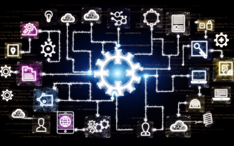 Stilisierte, halbtransparente Illustration eines digitalen Netzwerks mit leuchtender API-Schnittstelle, die Zahnräder und Kabel zu verschiedenen Software-Icons verbindet, umgeben von JSON-, XML-Fragmenten und Symbolen für Sicherheit und Authentifizierung.