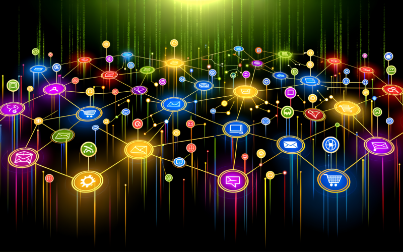 Abstrakte Netzwerk-Grafik mit leuchtenden Knoten für verschiedene digitale Marketingkanäle auf dunklem Hintergrund und Verbindungslinien zu einem zentralen Zielpunkt, symbolisiert durch ein Einkaufswagen-Symbol.