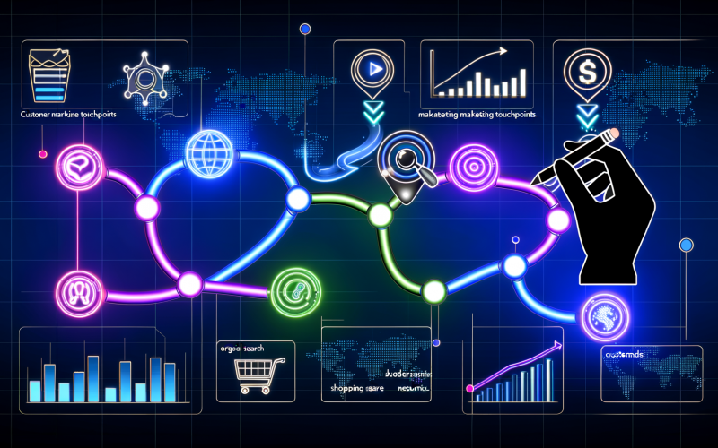 Moderne Illustration einer Customer Journey Map mit Facebook-, Google-, Newsletter- und Einkaufssymbolen, verbunden durch leuchtende Linien, Datenanalysen im Hintergrund und Händen an Budget- und ROI-Reglern.
