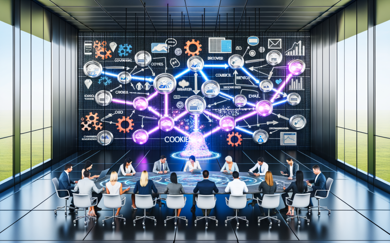 Digitales Marketing-Team analysiert komplexe Kundenreise und Attributionsdaten in moderner Büroumgebung mit vielen Bildschirmen und leuchtenden Grafiken.