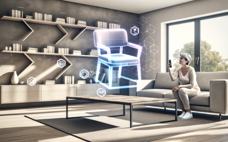 Modernes Wohnzimmer mit neutralen Farben, eine Frau sitzt auf dem Sofa und betrachtet mit ihrem Smartphone virtuelle Möbel, über dem Couchtisch schwebt ein halbtransparenter 3D-Stuhl mit blauen Akzenten.