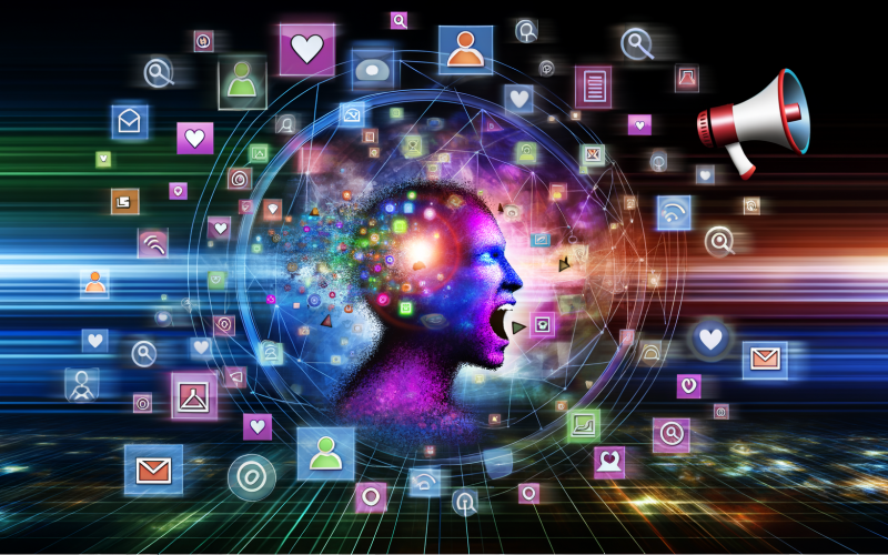 Stilisierter Mensch vor bunten Social Media-Icons, Werbebannern und digitalen Fenstern auf einem leuchtenden Großstadt-Panorama – Symbol für den Kampf um Aufmerksamkeit im digitalen Zeitalter.