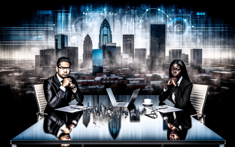 Business Mann und Frau in Anzügen an Konferenztisch mit Vertragsunterlagen und Laptops, dramatische Stadt-Silhouette und digitale Diagramme im Hintergrund, kühle Blautöne und kontrastreiche Atmosphäre.