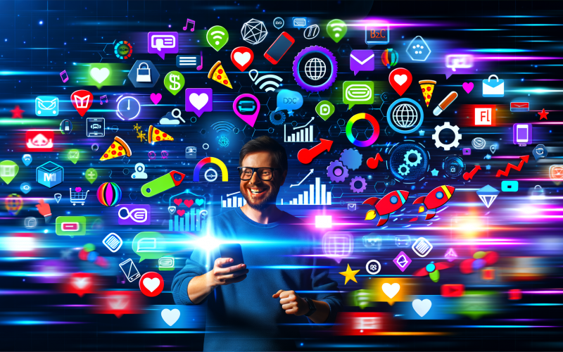 Glücklicher Nutzer mit Smartphone in dynamischer, farbenfroher Marktplatz-Szene, umgeben von Waren-Symbolen, Social Media Logos und Shopping-Icons