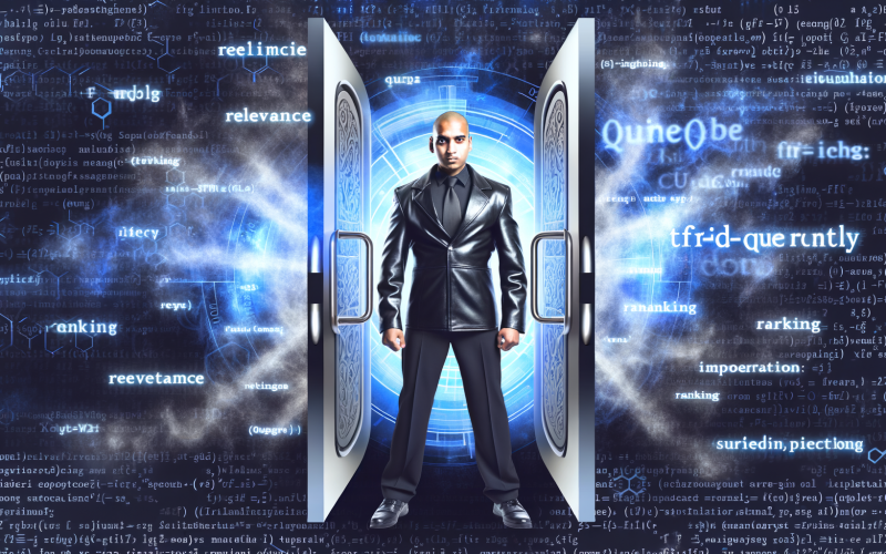 Kraftvoller Türsteher mit BM25-Emblem vor Türen aus Code und Formeln; Schlüsselwörter und Suchmaschinenlogos im Hintergrund.