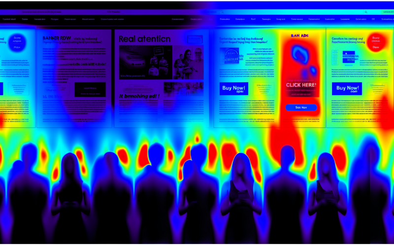 Vergleichende Darstellung einer Webseite: Links bunte, animierte Bannerwerbung, die von Nutzern ignoriert wird; rechts eine Heatmap mit niedriger Aufmerksamkeit bei Anzeigen und hoher Aufmerksamkeit auf Inhalte.