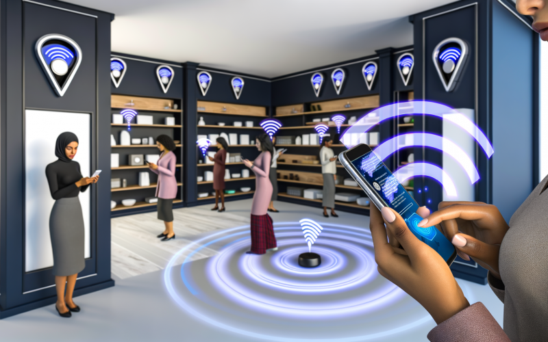 Person hält Smartphone mit Push-Nachricht in futuristischem Geschäft, umgeben von Beacons und digitalen Signalwellen.