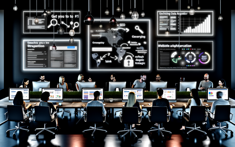 Diverse Teammitglieder in einem hellen, modernen Büro arbeiten gemeinsam an SEO-Analysen und Strategien, während Bildschirme organisches Wachstum und Datenvisualisierungen zeigen.