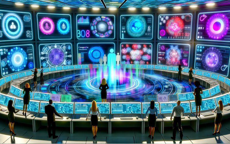 Futuristischer Kontrollraum mit großen, leuchtenden Bildschirmen, auf denen vielfältige Marketing- und Big-Data-Analysen angezeigt werden, umgeben von kollaborierenden Fachleuten und digitalen Hologrammen.