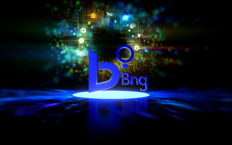 Dramatisches Bing-Logo mit blauer Beleuchtung und AI-Icons, im Schatten eines übermächtigen Google-Logos, umgeben von Grafiken und Microsoft-Symbolen