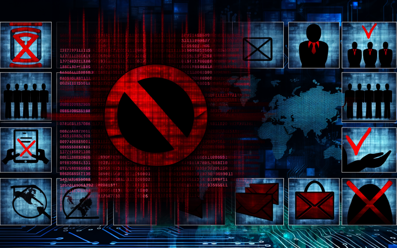 Dramatische digitale Collage mit rotem Stoppsymbol und scrollender Blacklist aus anonymisierten IPs, E-Mail-Adressen und URLs, umgeben von Symbolen für IT- und Marketing-Blacklists und Silhouetten ausgeschlossener Personen in einem cyberinspirierten, dunklen Hintergrund.