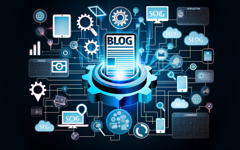 Moderne, leuchtende Illustration eines digitalen Blogs mit zentralem Bildschirm, Blog-Inhalten und umgebenden Symbolen für SEO, Social Media, Analysen und Technologie auf blauem High-Tech-Hintergrund.