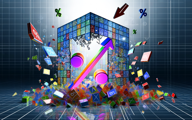 Ein farbig beleuchtetes Glashaus mit schwebenden Diagrammen wird von einem Prozentzeichen durchbrochen, während Glassplitter mit Symbolen für Website-Elemente herausfliegen.