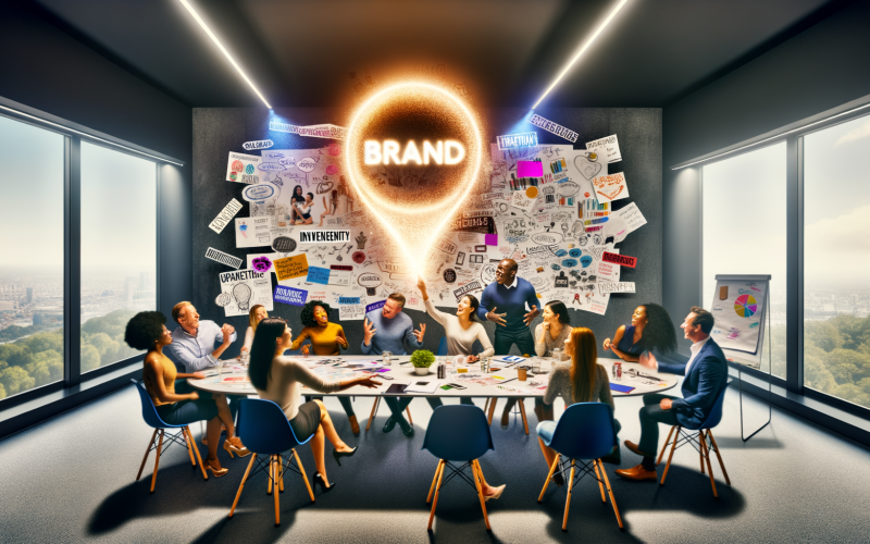 Marketer und Kreative besprechen in einem modernen Konferenzraum leidenschaftlich Markenidentität, begleitet von Moodboards, schwebendem Logo und Puzzleteilen mit Branding-Begriffen.