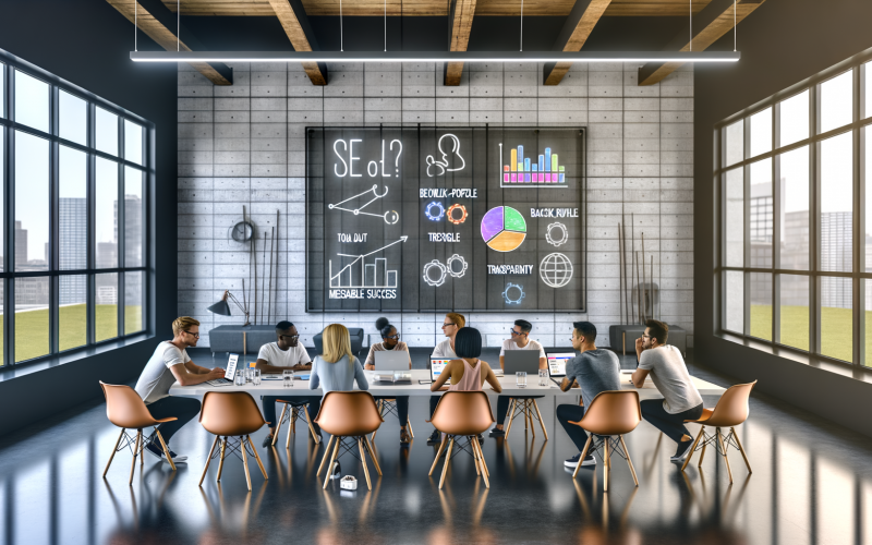 Digitales Marketing-Team arbeitet gemeinsam an einem großen Tisch im modernen Berliner Loft-Büro mit SEO-Dashboards, Laptops und Glastafel im Hintergrund.