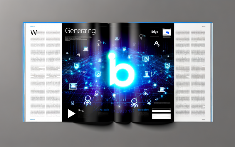 Leuchtendes Bing-Logo auf blauem Hintergrund im Fokus, umgeben von dunklen Google-Logos, Netzwerk-Linien sowie digitalen Symbolen für KI, Code und Indexierung, mit Screenshots von Windows, Edge und Office im Hintergrund.