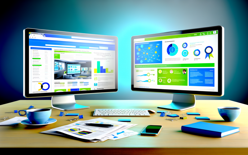 Moderner Schreibtisch mit zwei Monitoren, die Bing Ads und Google Ads Kampagneninterfaces anzeigen, umgeben von Marketingunterlagen, Kaffee, Smartphone und digitalen Bannern mit Bing-, Yahoo- und AOL-Logos.