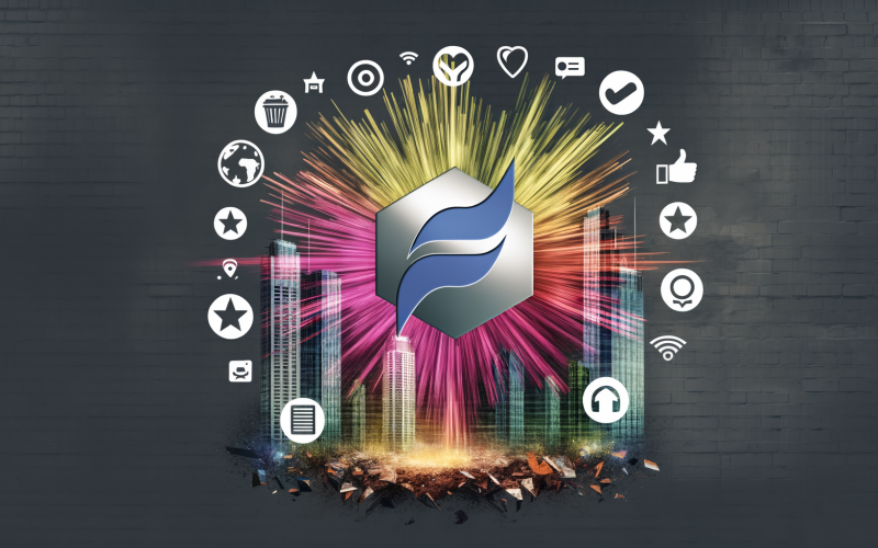 Digitale Collage mit stilisiertem Logo, farbigen Linien für Vertrauen und Innovation, Markensymbolen auf Säulen, Social-Media-Icons und zerbröckelnden Logos im Schattenbereich.