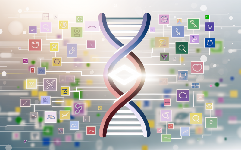 Abstraktes Markenlabor mit transparenter DNA-Helix, leuchtendem Firmenlogo und bunten Icons für Werte, umgeben von unscharfen generischen Logos im Hintergrund.