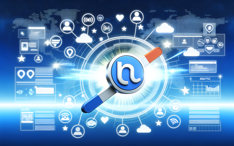 Digitale Markenwelt mit leuchtendem Logo und umgebenden Icons für Social Media, E-Mails, Websites und Events vor Datenströmen und Analysen