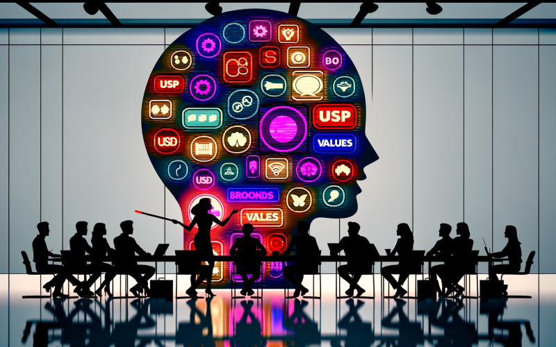 Abstrakte Illustration eines modernen Agentur-Workshops mit kreativen Teams, die über Marken, USPs und Zielgruppen diskutieren. Im Hintergrund leuchtende Markenlogos, Slogans und stilisierte Icons.